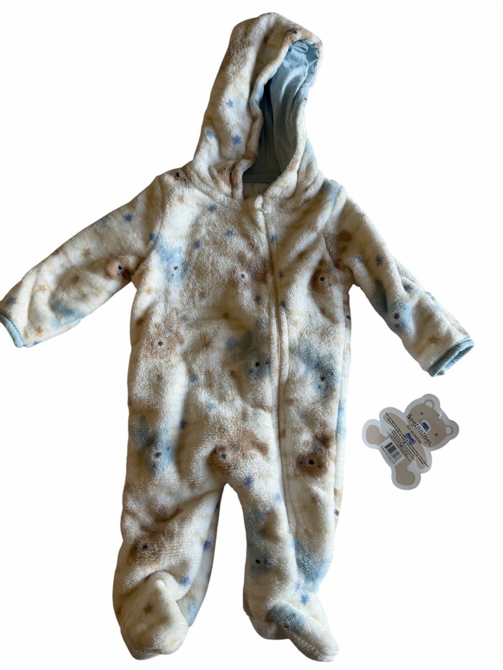Cream Plush Baby One-Piece with Blue and Brown Bear Print